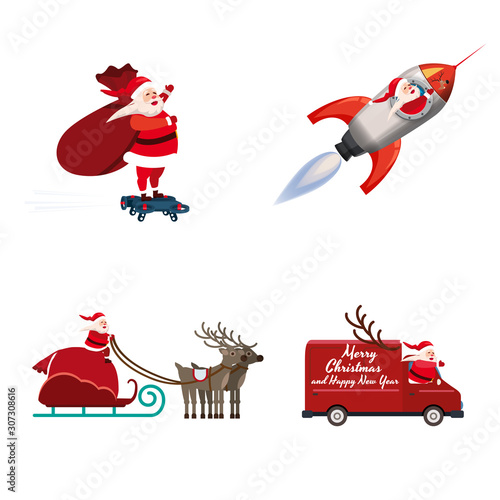 Set of Santa Claus of different types of transport vehicles truck, rocket, drone, sled