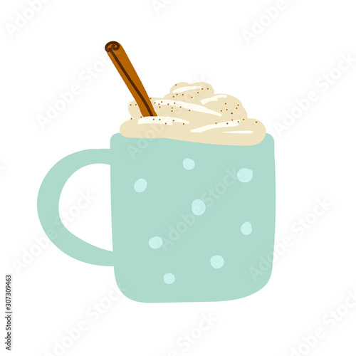 Cozy scandinavian food vector illustration. A blue cup is filled with hot drink, foam, cream, cinnamon. Eggnog, coffee, cocoa, chocolate, milk isolated on a white background. Winter holidays element