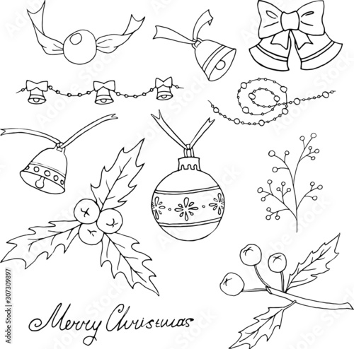 Christmas doodle collection with holly, chrystmas decorations, garland, bells, beads and lettering.Vector hand drawn elements isolated on white.Design for seasonal cards, posters and printed materials photo