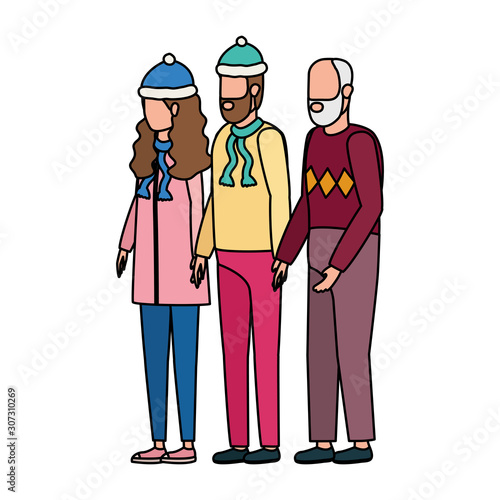 cute grandfather with young couple using christmas hat