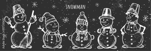 snowman with a broom. snowman in Santa Claus hat and with an iron bucket on his head vector graphics. sketch. Freehand drawing.eps