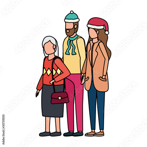 cute grandmother with young couple using christmas hat