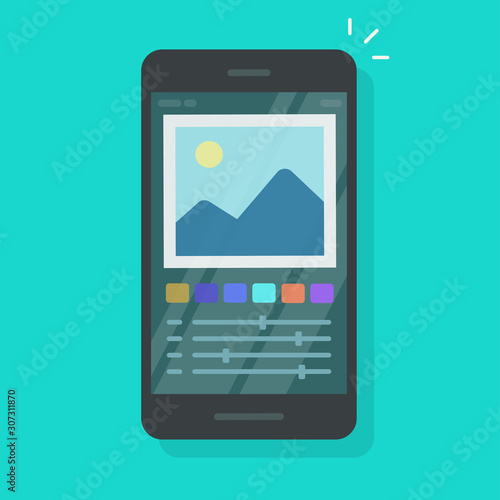 Photo or graphic editor on mobile phone or cellphone vector illustration isolated, flat cartoon smartphone screen with design or image editing software or program clipart