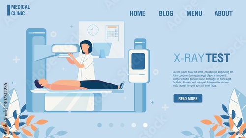 Medical Clinic Flat Landing Page Offer X-Ray Test. Online Fixing Appointment. Cartoon Doctor Examining Patient on Radiological Equipment. Radiology Room Interior Design. Vector Illustration
