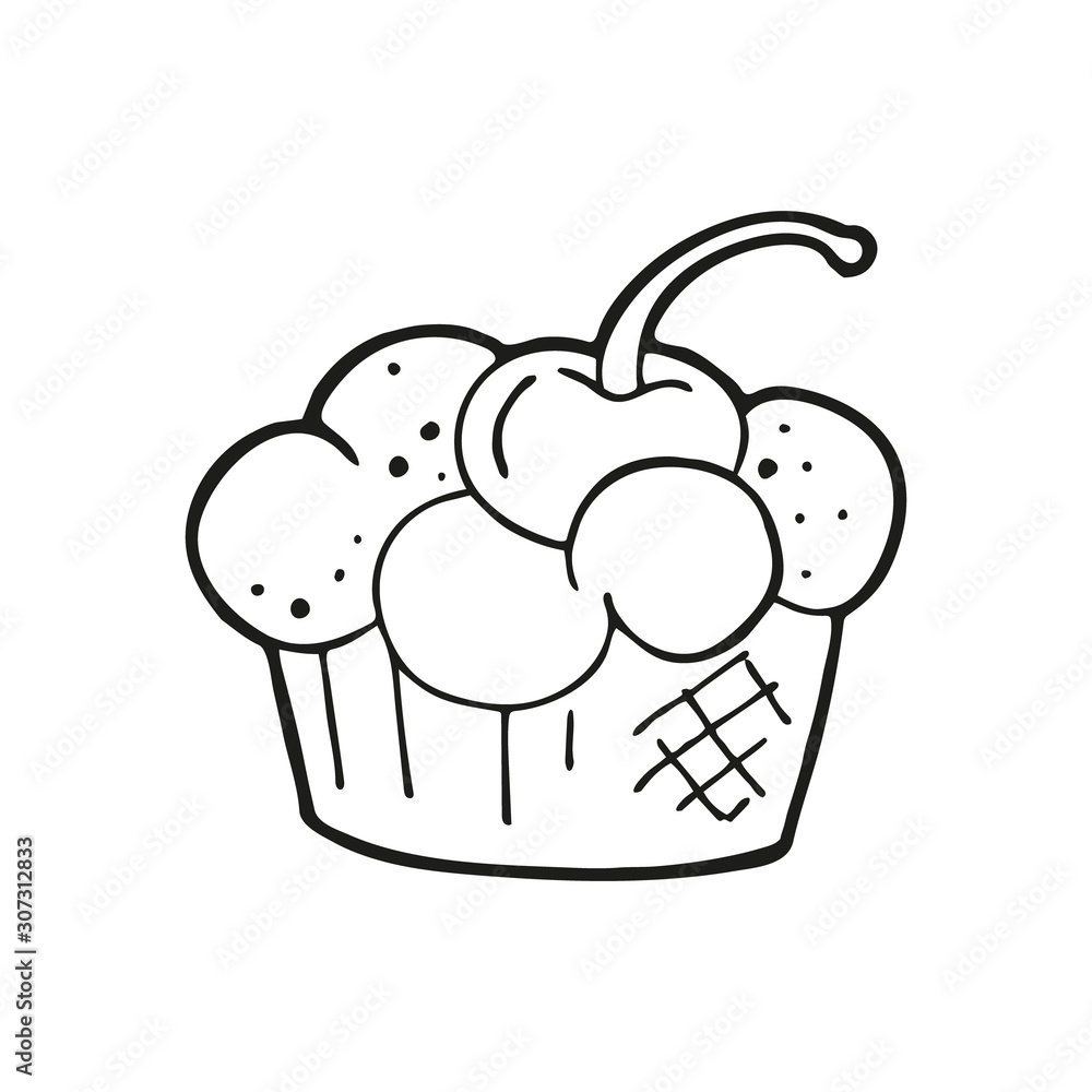 Single hand drawn cupcake with cherry. In doodle style, black outline isolated on a white background. Cute element for card, social media banner, stickers. Vector illustration Single hand drawn cupcake with cherry. In doodle style, black outline isolated on a white background. Cute element for card, social media banner, stickers. Vector illustration