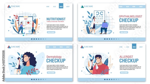 Medical Professional Consultation Landing Page Flat Set. Dermatologist, Allergist, Nutritionist, Ophthalmologist Doctor Specialist Appointment. Telemedicine. Online Service. Vector Flat Illustration