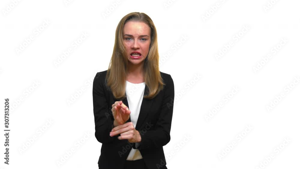 Angry business woman shouting to camera. Nervouse boss debate to employment. Angry business woman shouting to camera. Nervouse boss debate to employment.