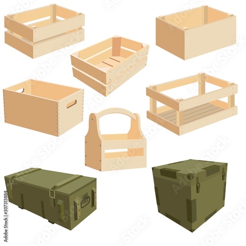 Set of isolated wooden packages or wood and army boxes