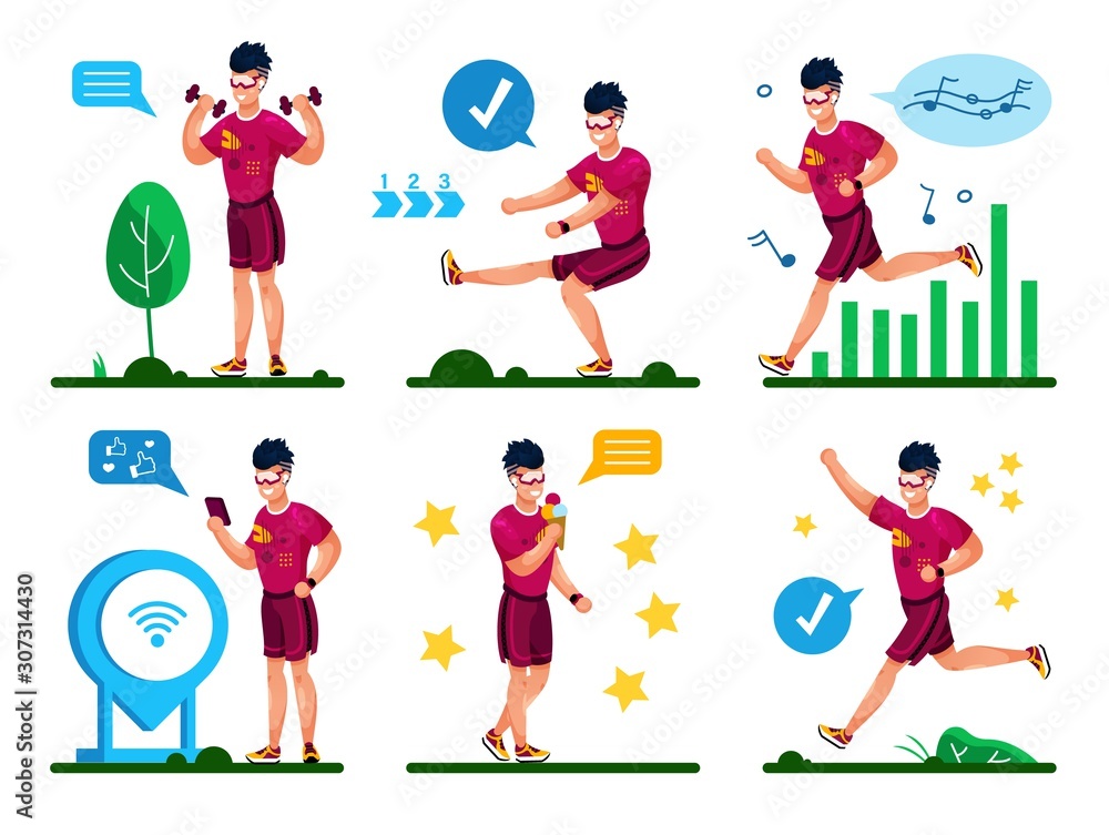 Summer Activities and Outdoor Fitness Training for Healthy Lifestyle Trendy Flat Vector Concepts Set. Young Man in Shorts, Tracking Workout Results with Cellphone, Relaxing After Training Illustration