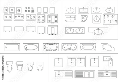 vector icon set of bathroom. toilet, sink,wastafel stove. floor plan