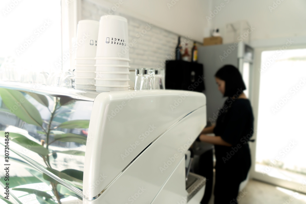 Barista make a coffee with coffee maker at cafe Barista make a coffee with coffee maker at cafe