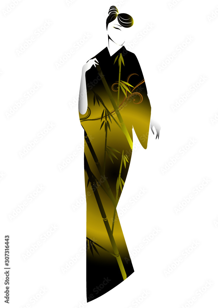 着物を着た女性のシルエット 日本舞踊 竹笹 Stock Vector Adobe Stock