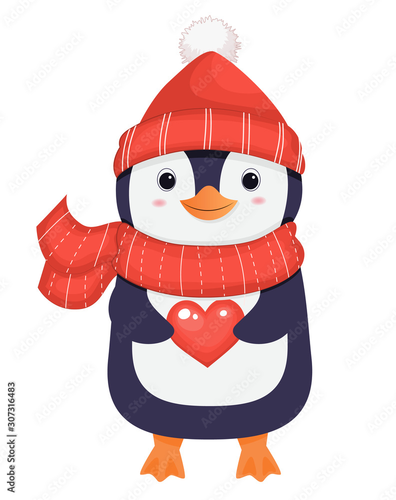 Cute penguin in red scarf and hat with heart. Christmas character.Cartoon  illustration Stock Vector | Adobe Stock