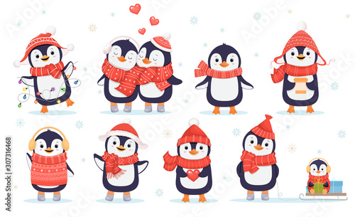 Set of cute penguins. Christmas character.Cartoon illustration