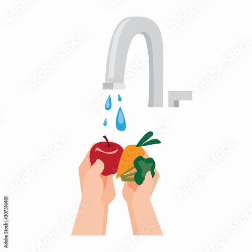 washing fresh fruit and vegetable, hygiene healthy food flat illustration vector photo