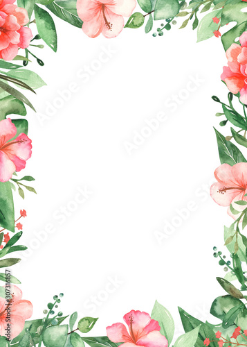 Watercolor rectangular frame with tropical leaves and flowers