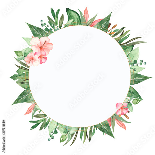Watercolor round frame with tropical leaves and flowers