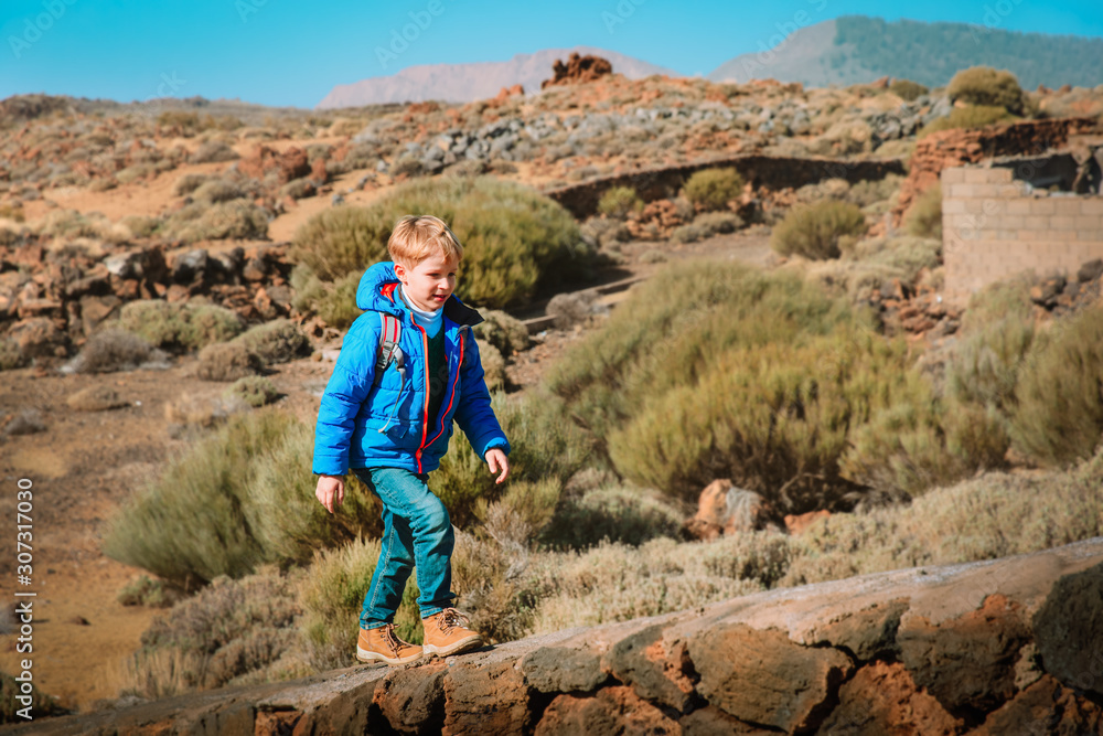 little boy with backpack hiking in mountains, child travel in Teide national park, Tenerife, Spain little boy with backpack hiking in mountains, child travel in Teide national park, Tenerife, Spain