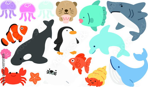 Set of Flatcolored Aquatic Creatures