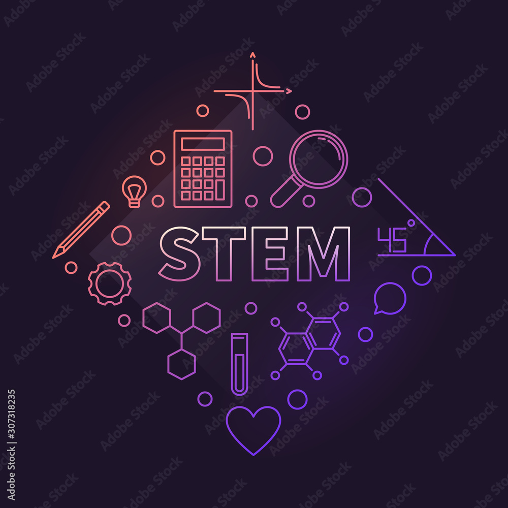 STEM vector concept colored illustration in outline style on dark background