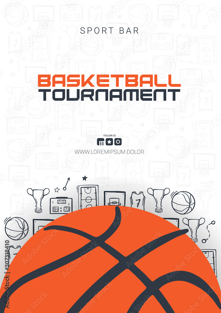Fototapeta Basketball Tournament banner with basketball ball and hand draw doodle background. Modern sports posters design.