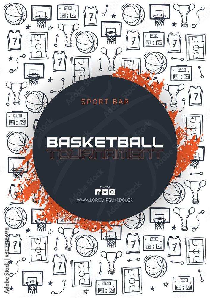 Fototapeta Basketball Tournament banner with basketball ball and hand draw doodle background. Modern sports posters design.