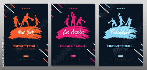 Set of Basketball banners with players and hand draw doodle background. Modern sports posters design.