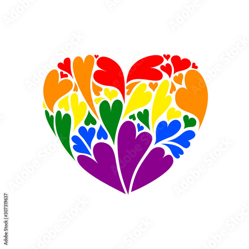 Heart illustration shape made of many smaller hearts inside, LGBT colors for gay and lesbian pride and support. For valentines day and love symbol and icon. Non-traditional sexual orientation. Raster