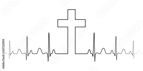 Cross mark symbol Christian faith, a vector single line, the cross and the pulse heart beats, the excitement of religion