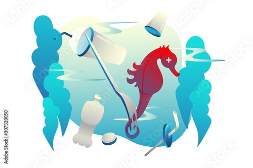 Stop ocean plastic pollution. Dead Seahorse. Protest against plastic trash. Use for environmental and social poster. Plastic waste. Vector stock isolated illustration.