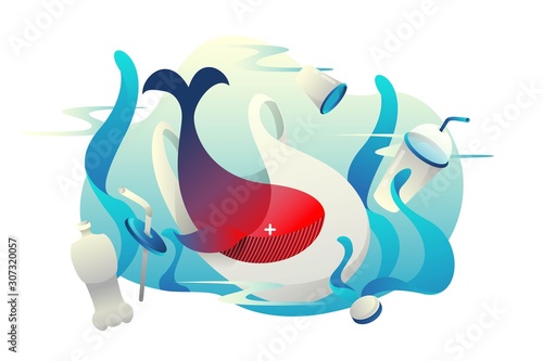 Stop ocean plastic pollution. Dead red whale. Protest against plastic trash. Use for environmental and social poster. Plastic waste. Vector stock isolated illustration.