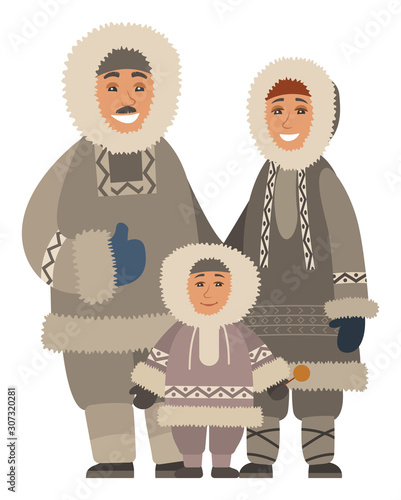 Arctic smiling family in warm traditional clothes standing together. Happy parents and kid wearing fur coat and mittens for Alaska weather. Portrait view of mother, father and son embracing vector