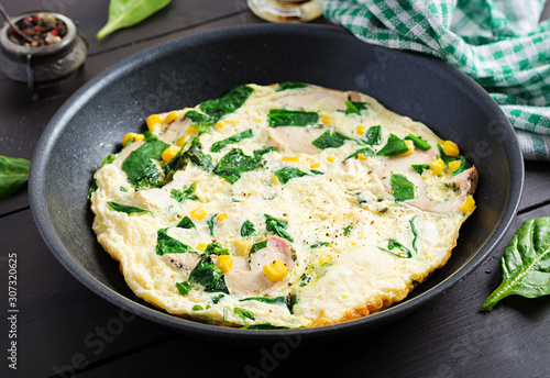Protein omelet with chicken roll, spinach and corn. Frittata. Keto/paleo diet