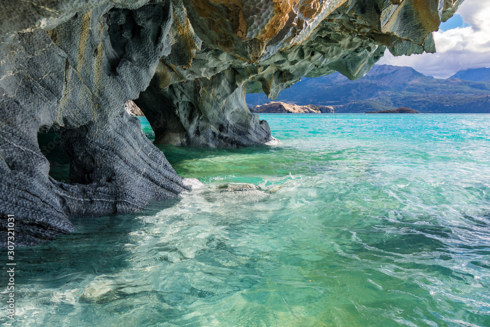 Marble caves (Capillas del Marmol), General Carrera lake, landscape of Lago Buenos Aires, Patagonia, Chile