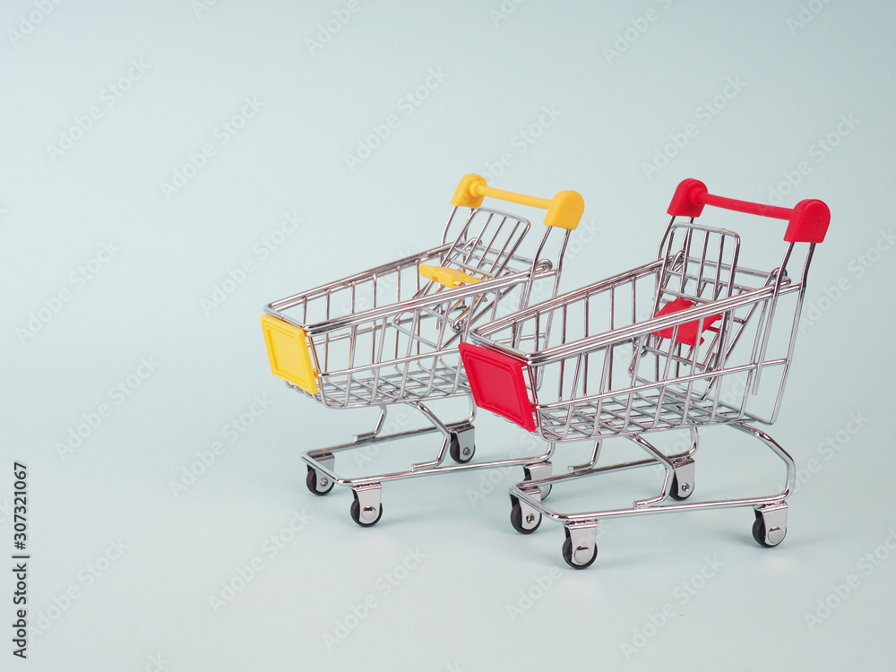 two Small shopping carts on blue background. Space for text