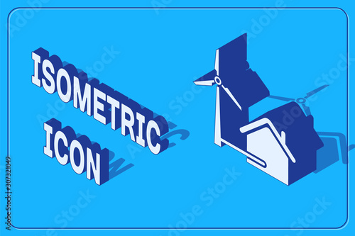 Isometric House with wind turbine for electric energy generation icon isolated on blue background. Eco-friendly house. Environmental Protection. Vector Illustration