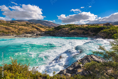 Landscape of river Baker valley with beautiful mountains view, Patagonia, Chile, South America