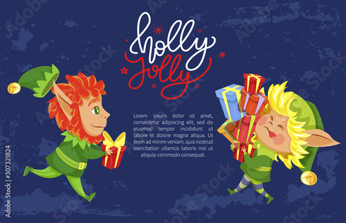 Holly greeting postcard with elf fairy character holding present. Winter holiday postcard helper with gift box and text template. Xmas assistant with greeting package and festive wish vector