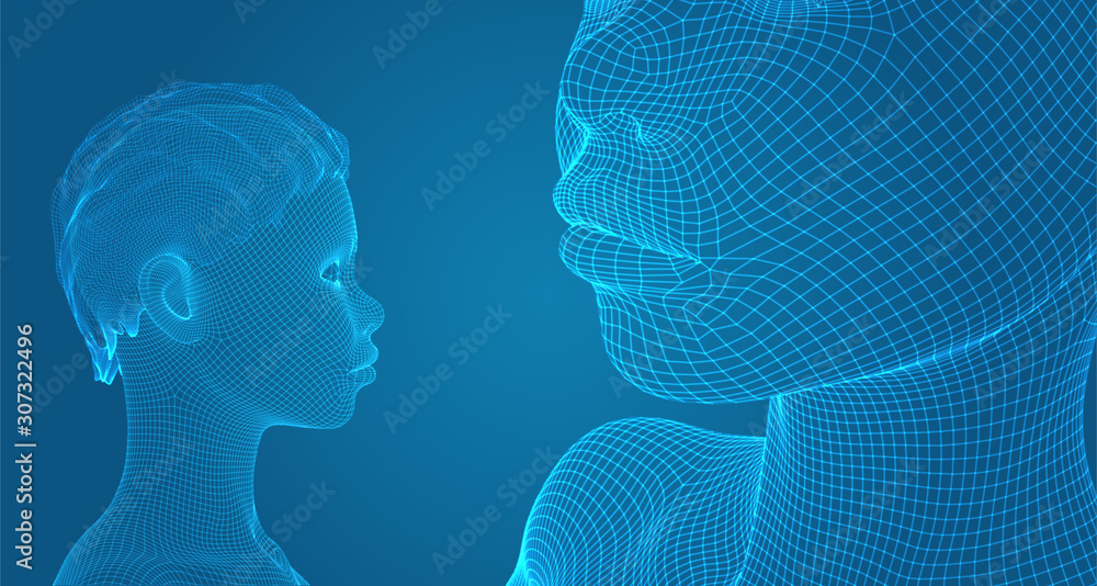Obraz premium 3d vector portrait of a beautiful young girl with hairstyle, set of angles on a blue background