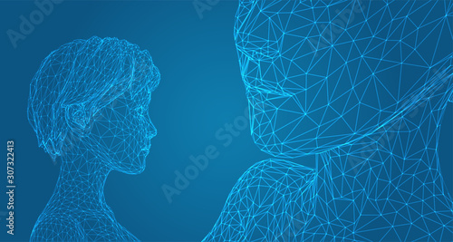 3d vector portrait of a beautiful young girl with hairstyle, set of angles on a blue background