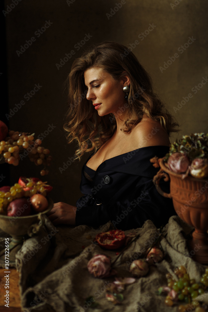girl at the table, historical style, retro