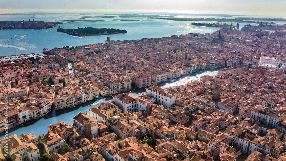 Venice city Grand Canal and houses aerial drone view, Venice island cityscape and Venetian lagoon from above, Italy
