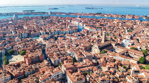 Venice city Grand Canal and houses aerial drone view, Venice island cityscape and Venetian lagoon from above, Italy