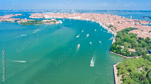 Venetian lagoon and cityscape of Venice city aerial drone view from above, Italy photo