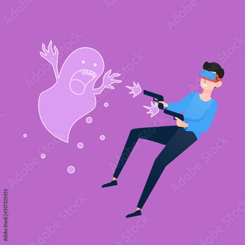 Man playing shooting game using virtual reality headset