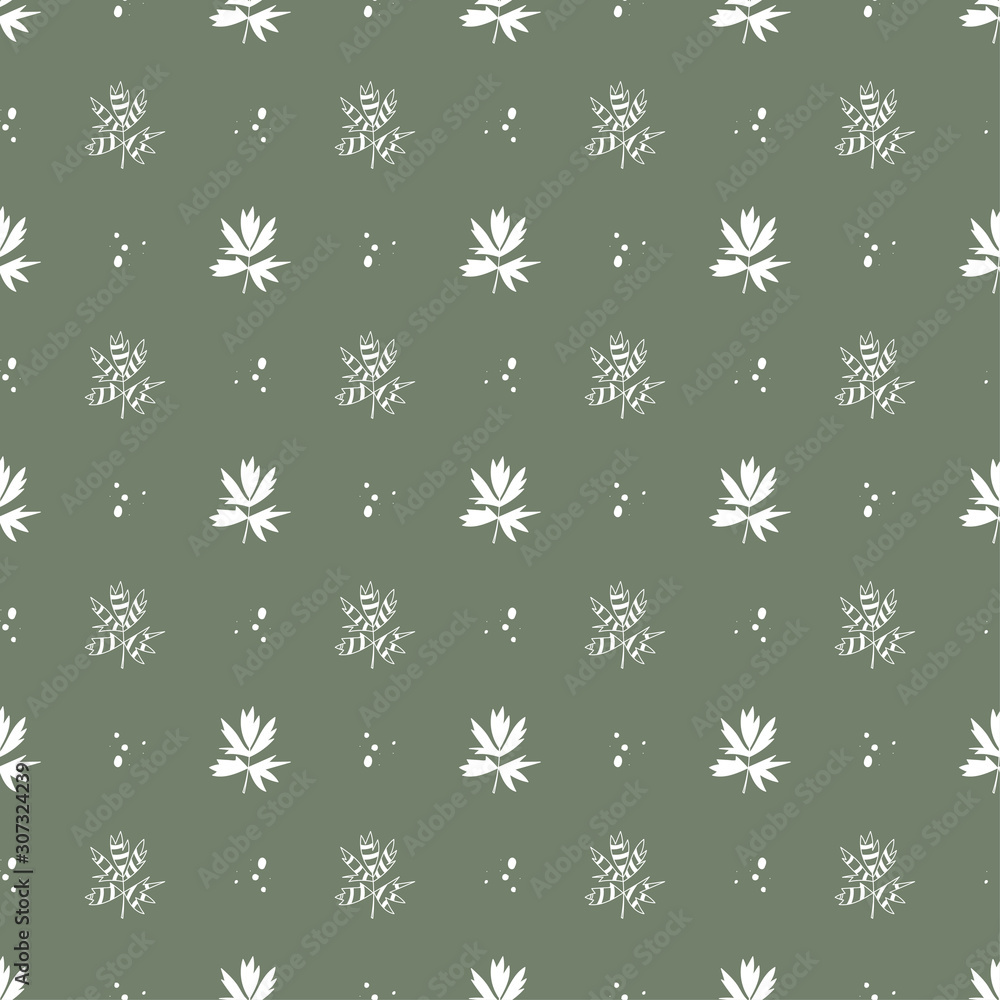 Seamless floral pattern in vector. Botanical pattern background in green with maple leaves Seamless floral pattern in vector. Botanical pattern background in green with maple leaves