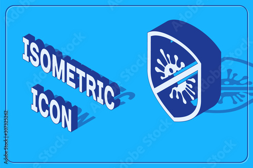 Isometric Stop virus, bacteria, germs and microbe icon isolated on blue background. Antibacterial and antiviral defence, protection infection. Vector Illustration