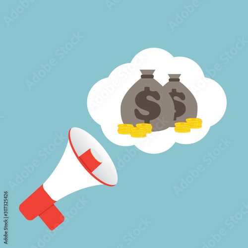 megaphone or bullhorn with money flying out concept