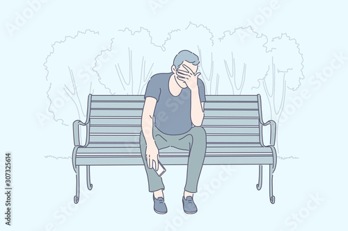 Frustration, emotional stress, depression concept. Young man sitting on bench with phone, desperate guy receiving bad news, psychological problem, sad person with migraine. Simple flat vector