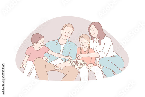 Family recreation, movie night, traditional values concept. Couple with little children watching TV and eating popcorn, happy parents and kids spend time together. Simple flat vector
